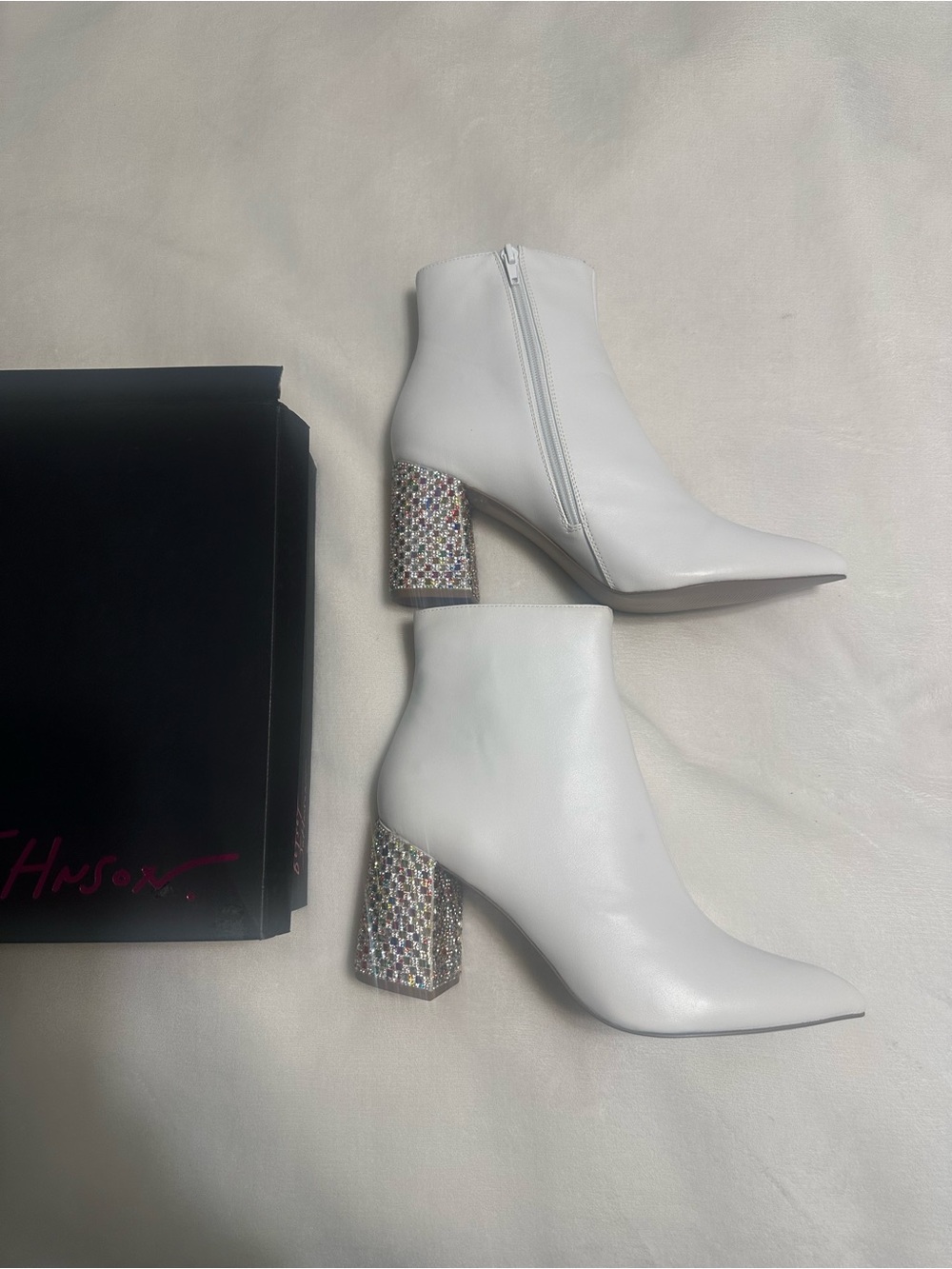 Betsey Johnson White Ankle Boots with Crystal Embellished Block Heel